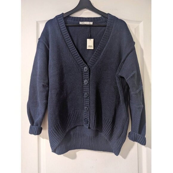 Zara | Oversized Pleated Sleeve Knit Cardigan In Navy - Picture 4 of 12